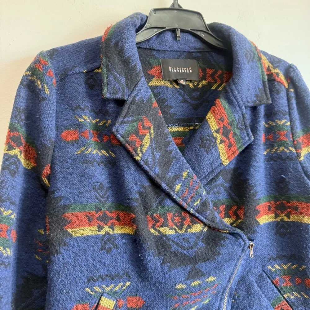 Blu Pepper Southwestern Aztec Print Moto Jacket Blue Medium BoHo Tribal - Picture 2 of 8